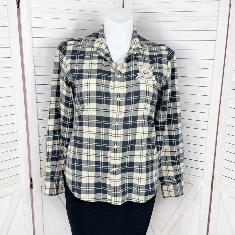 Ralph Lauren‎ Plaid Wool Blend Beaded Crest Slim Fit Shirt Black Cream 14